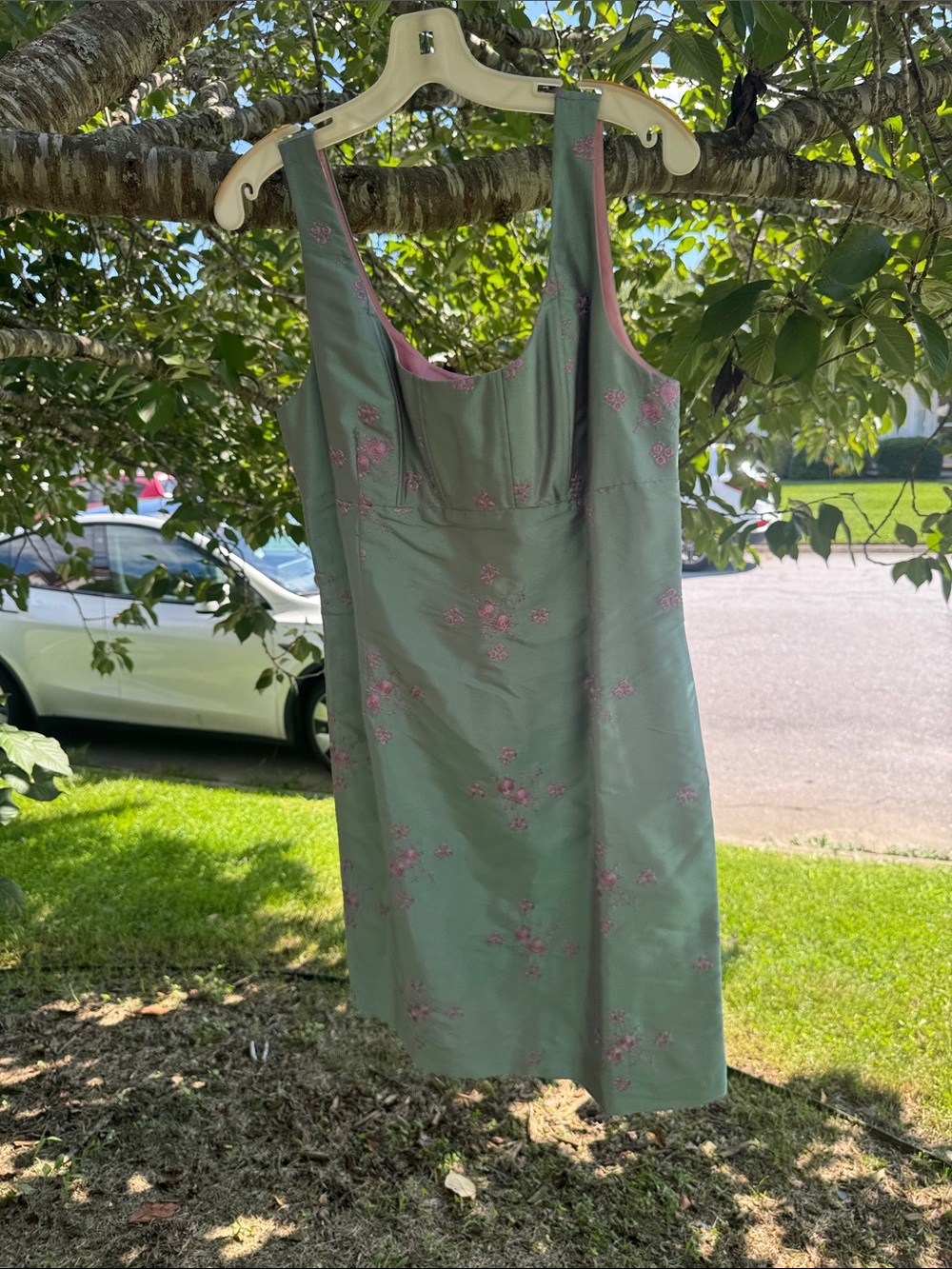 Tailor B. Moss Sage Green Dress with Pink Floral Embroidery